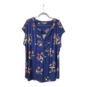 Daniel Rainn "Patoka" Blouse Top NWT Navy Split Neck Floral Womens 3X